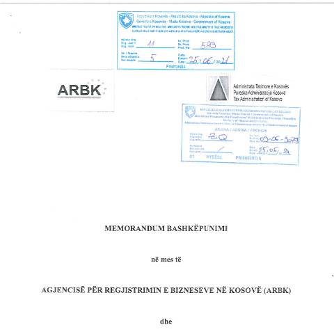 Document preview: MEMORANDUM BASHKËPUNIMI NË MES TË AGJENCISË PËR REGJISTRIMIN E BIZNESEVE NË KOSOVË DHE ADMINISTRATËS TATIMORE TË KOSOVËS — Marreveshjet E Bashkepunimit, Kosovë