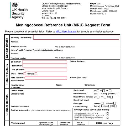 Document preview: Meningococcal reference unit request form — UK Health Security Agency, United Kingdom