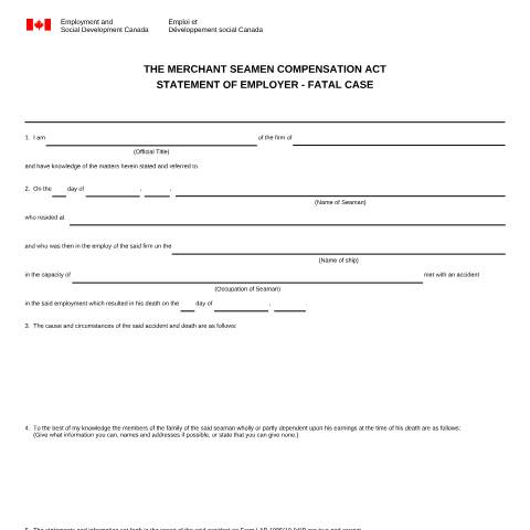 Document preview: Merchant Seaman Compensation Act - Statement of Employer - Fatal Case — Labour, Canada (CERFA n°LAB1086)