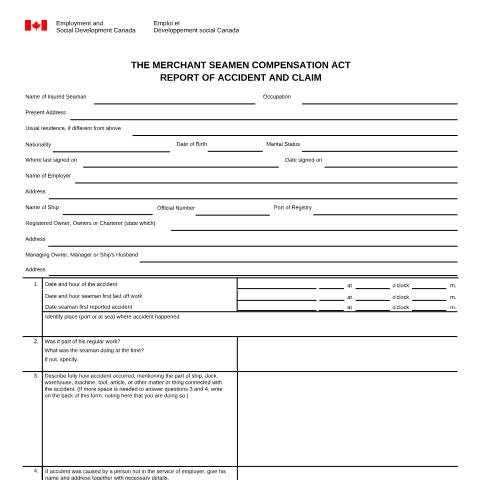 Document preview: Merchant Seaman Compensation Act - Report of Accident and Claim — Labour, Canada (CERFA n°LAB1085)