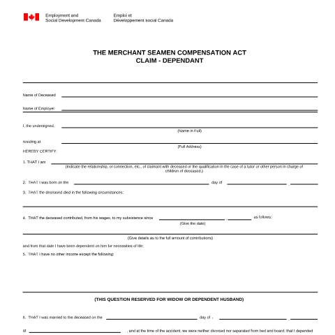 Document preview: Merchant Seamen Compensation Act - Claim - Dependant — Labour, Canada (CERFA n°LAB1087)