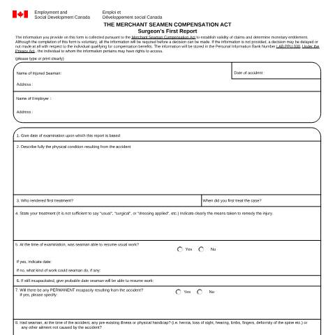 Document preview: Merchant Seamen Compensation Act - Surgeon's First Report — Labour, Canada (CERFA n°LAB1088)
