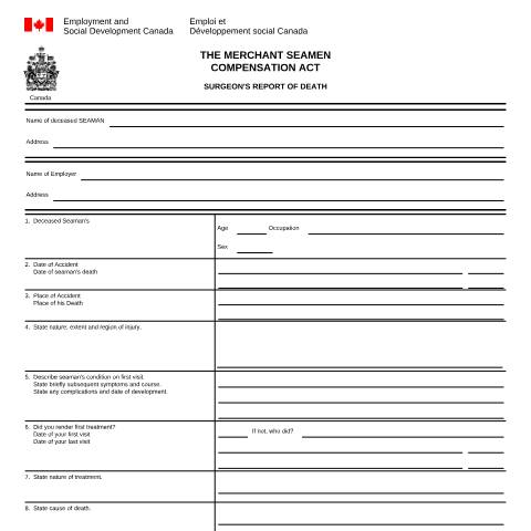Document preview: Merchant Seamen Compensation Act - Surgeon's Report of Death — Labour, Canada (CERFA n°LAB1072)