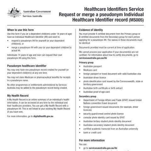 Document preview: Request or merge a pseudonym Individual Healthcare Identifier record — Services Australia — Individuals (by code), Australia (CERFA n°MS005)