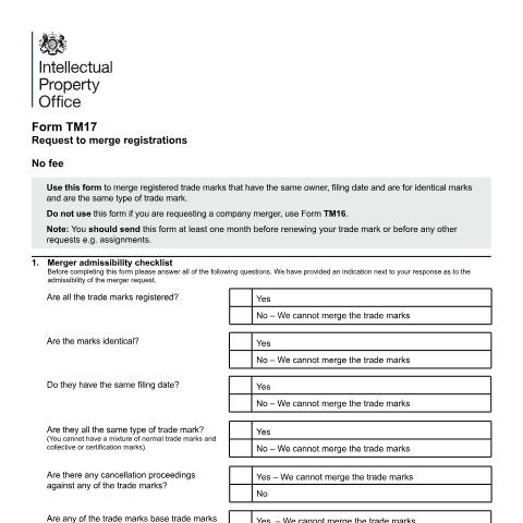 Document preview: Request to merge registrations — Intellectual Property Office, United Kingdom