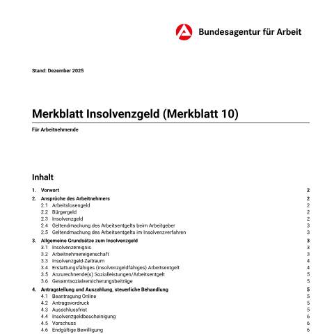 Dokumentvorschau: merkblatt-10-insolvenzgeld_ba032060 — Öffnet in neuem Tab Merkblatt 10 - Insolvenzgeld (Arbeitnehmerinnen und Arbeitnehmer) Informationen zu den Voraussetzungen für Insolvenzgeld pdf | 754.39 KB | barrierefrei — Familienkasse/merkblatt, Deutschland (CERFA n°merkblatt-10-insolvenzgeld_ba032060)