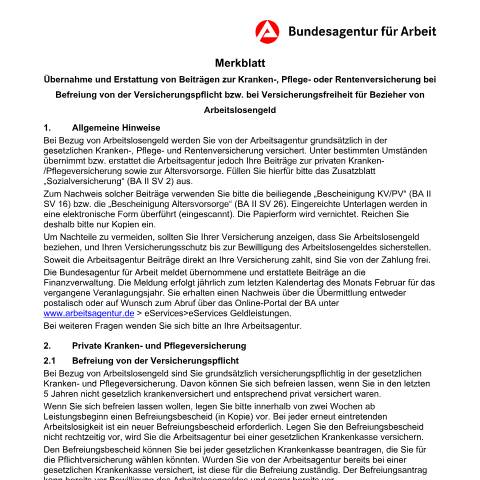 Dokumentvorschau: dok_ba035025 — Öffnet in neuem Tab Merkblatt zur Übernahme und Erstattung von Beiträgen zur Kranken-, Pflege- oder Rentenversicherung Informationen zur Übernahme und Erstattung von Beiträgen zur Kranken-, Pflege- oder Rentenversicherung bei privater Versicherung pdf | 118.02 KB | barrierefrei — Familienkasse/dok, Deutschland (CERFA n°dok_ba035025)