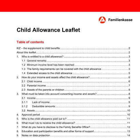 Dokumentvorschau: merkblatt-kinderzuschlag-kiz2-englisch_ba038612 — Öffnet in neuem Tab Child Allowance Leaflet (KiZ 2-en) Merkblatt zum Kinderzuschlag (KiZ 2) (englisch) pdf | 233.42 KB | barrierefrei — Familienkasse/merkblatt, Deutschland (CERFA n°merkblatt-kinderzuschlag-kiz2-englisch_ba038612)