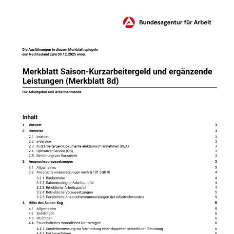 Dokumentvorschau: merkblatt-8d-saison-kug_ba034265 — Öffnet in neuem Tab Merkblatt 8d - Saison-Kurzarbeitergeld Informationen für Arbeitgeber und Arbeitnehmende pdf | 510.67 KB | barrierefrei — Familienkasse/merkblatt, Deutschland (CERFA n°merkblatt-8d-saison-kug_ba034265)