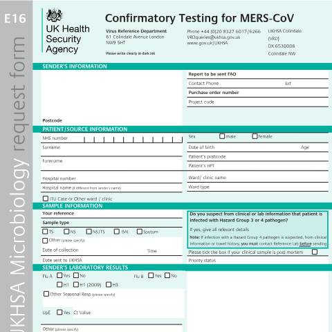 Document preview: MERS-CoV: confirmatory testing request form — UK Health Security Agency, United Kingdom