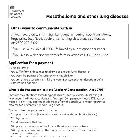 Document preview: Mesothelioma payment claim form — Department for Work and Pensions, United Kingdom