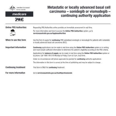 Document preview: Metastatic or locally advanced basal cell carcinoma - sonidegib or vismodegib - continuing authority application form (PB207) — Services Australia — Health professionals, Australia (CERFA n°PB207)