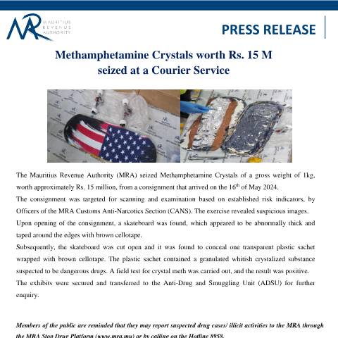 Document preview: Methamphetamine Crystals worth Rs. 15 M seized at a Courier Service (04.07.24) — Document, Mauritius (CERFA n°PressRelease040724)