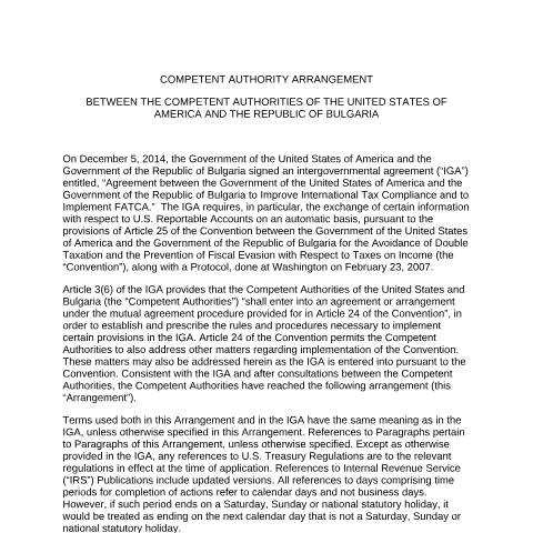 Document preview: Competent Authority Arrangement BG–US (FATCA) — Международни дейности, България (CERFA n°CAA_BG_US)