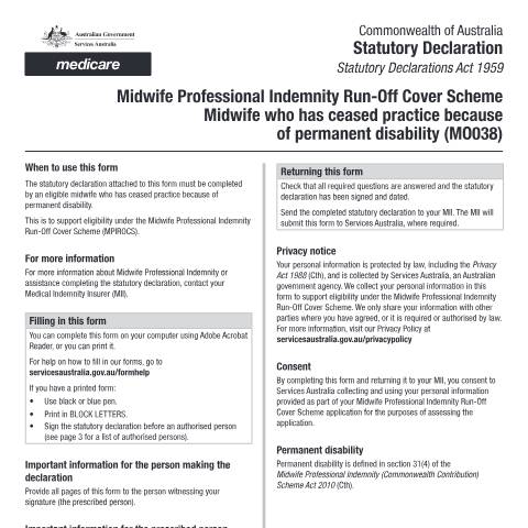 Document preview: Statutory declaration ROCS - Midwife ceased practice because of permanent disability form (MO038) — Services Australia — Health professionals, Australia (CERFA n°MO038)