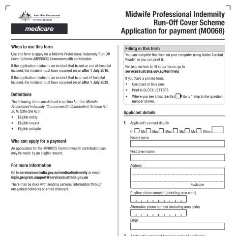Document preview: Midwife Professional Indemnity Run-Off Cover Scheme - Application for payment  form (MO068) — Services Australia — Health professionals, Australia (CERFA n°MO068)