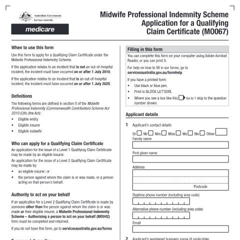 Document preview: Midwife Professional Indemnity Scheme - Application for a Qualifying Claim Certificate form (MO067) — Services Australia — Health professionals, Australia (CERFA n°MO067)