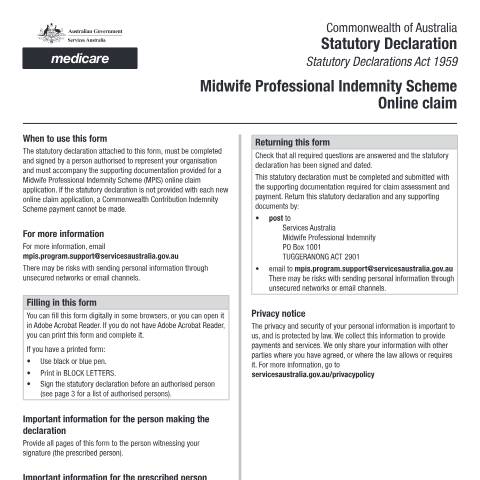 Document preview: Statutory declaration - Midwife Professional Indemnity Scheme - Online claim form (MO042) — Services Australia — Health professionals, Australia (CERFA n°MO042)
