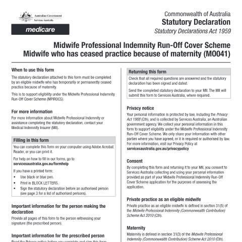 Document preview: Midwife Professional Indemnity Run-Off Cover Scheme - Midwife who has ceased practice because of maternity form (MO041) — Services Australia — Health professionals, Australia (CERFA n°MO041)
