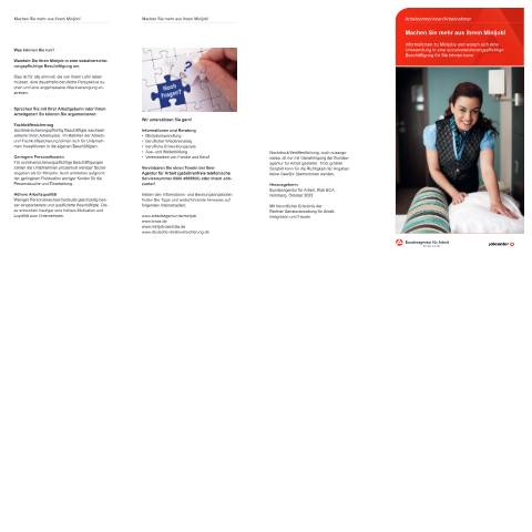 Dokumentvorschau: minijob-flyer-an_ba031195 — Öffnet in neuem Tab Flyer "Machen Sie mehr aus Ihrem Minijob!" Informationen zu Minijobs für Arbeitnehmerinnen/Arbeitnehmer pdf | 3.69 MB | barrierefrei — Familienkasse/minijob, Deutschland (CERFA n°minijob-flyer-an_ba031195)