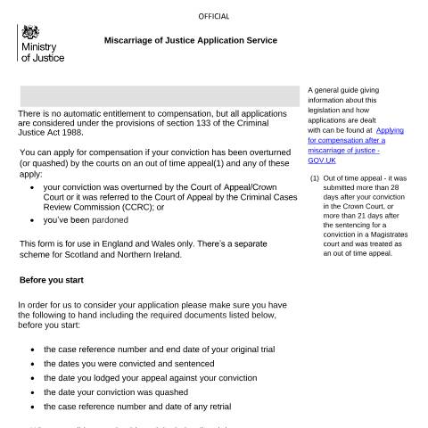 Document preview: Miscarriage of justice: claim compensation form — Ministry of Justice, United Kingdom