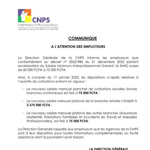 Aperçu du document NOUVEAU PLAFOND DES COTISATIONS SOCIALES DE LA CNPS — Document CNPS (prévoyance sociale), Côte d'Ivoire