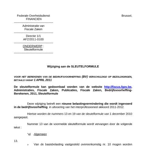 Aperçu du document Vanaf 1 april 2011 (PDF, 34.45 KB) — FOD Financiën, Belgique (CERFA n°Sleutelformule april 2011)