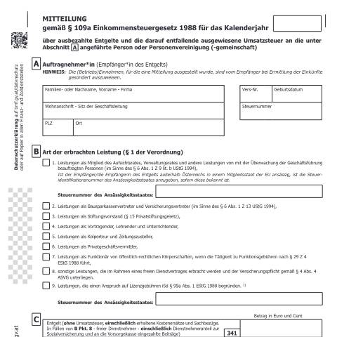 Dokumentvorschau: E109a — Mitteilung gemäß § 109a Einkommensteuergesetz 1988 - über ausbezahlte Entgelte und die darauf entfallende ausgewiesene Umsatzsteuer an Personen oder Personenvereinigung (-gemeinschaft) — Steuern, Österreich (CERFA n°E109a)
