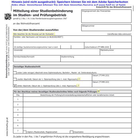 Dokumentvorschau: Beih14 — Mitteilung einer Studienbehinderung im Studien- und Prüfungsbetrieb gemäß § 2 Abs. 1 lit. b des Familienlastenausgleichsgesetzes 1967 — Steuern, Österreich (CERFA n°Beih14)