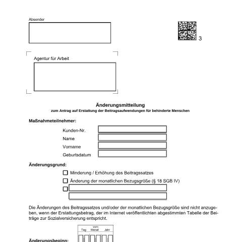 Dokumentvorschau: dok_ba024145 — Öffnet in neuem Tab Formular zur Mitteilung von Änderungen zum Erstattungsantrag Änderungsmitteilung zum Antrag auf Erstattung der Beiträge zur Sozialversicherung für Menschen mit Behinderungen pdf | 1.23 MB | nicht barrierefrei — Familienkasse/dok, Deutschland (CERFA n°dok_ba024145)