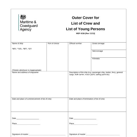 Document preview: MLC 2006: Recommended format for outer cover for list of crew and list of young persons,  list of crew and list of young persons — Maritime and Coastguard Agency, United Kingdom