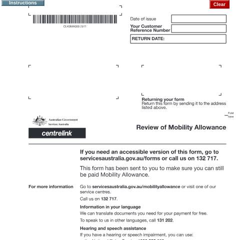 Document preview: Review of Mobility Allowance — Services Australia — Individuals (by code), Australia (CERFA n°MA003M)