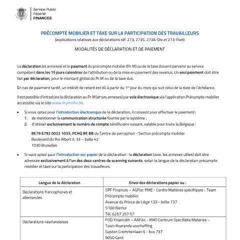 Aperçu du document Modalités de déclaration et de paiement (PDF, 128.62 Ko) — Déclarations, Belgique (CERFA n°121-273-modalites-declaration-paiement)