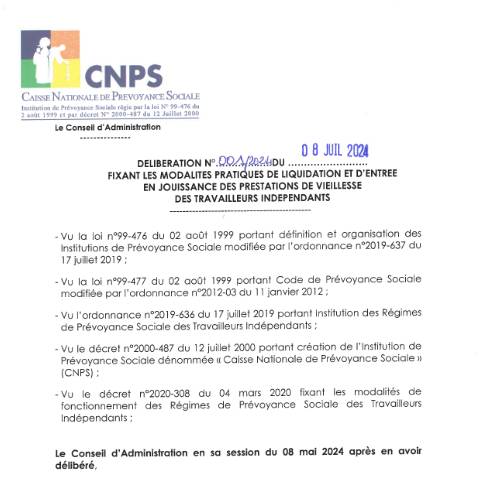 Aperçu du document DELIBERATION N° 001 FIXANT LES MODALITES PRATIQUES DE LIQUIDATION ET D’ENTREE EN JOUISSANCE DES PRESTATIONS DE VIEILLESSE DES TI — Document CNPS (prévoyance sociale), Côte d'Ivoire