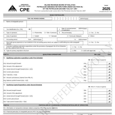 Document preview: Sample of Amended Return Form CPE 2025 and related references are as follows: — Petroleum, Malaysia