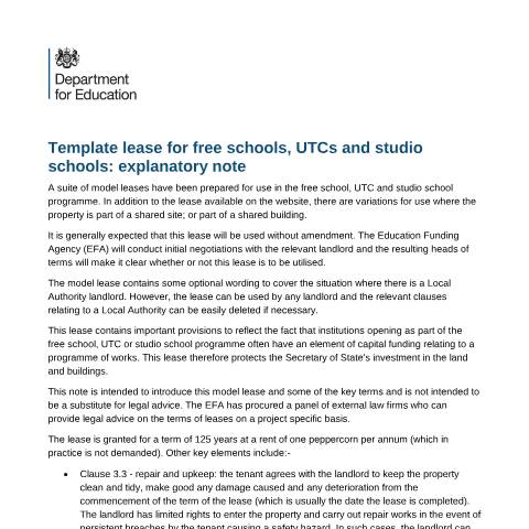 Document preview: Free schools, UTCs and studio schools: model lease — Department for Education, United Kingdom
