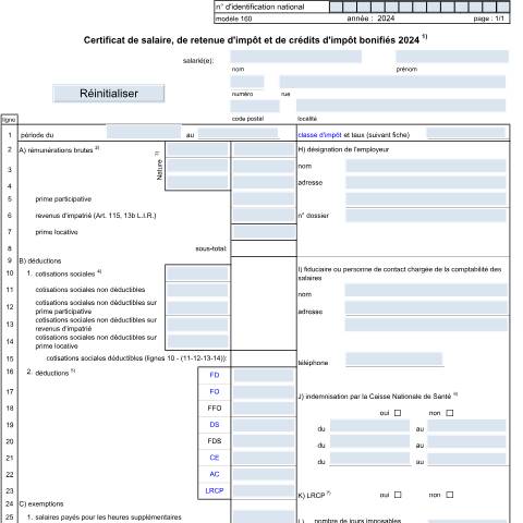 Aperçu du document Le modèle 160 peut servir de spécimen aux employeurs pour délivrer un certificat de salaire, de retenue d'impôt et de crédits d'impôt bonifiés à leur salarié(e). Les employeurs doivent obligatoirement délivrer sur support électronique les ECSP à l’ACD. Pour plus d'informations, voir rubrique « Échan — Formulaires fiscaux, Luxembourg (CERFA n°160 F)