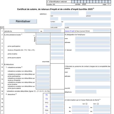 Aperçu du document Le modèle 160 peut servir de spécimen aux employeurs pour délivrer un certificat de salaire, de retenue d'impôt et de crédits d'impôt bonifiés à leur salarié(e). Les employeurs doivent obligatoirement délivrer sur support électronique les ECSP à l’ACD. Pour plus d'informations, voir rubrique « Échan — Formulaires fiscaux, Luxembourg (CERFA n°160 F)