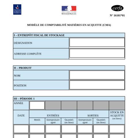Aperçu du document Modèle de comptabilité matières en acquitté (CMA) — Professionnels, France (CERFA n°16101*01)
