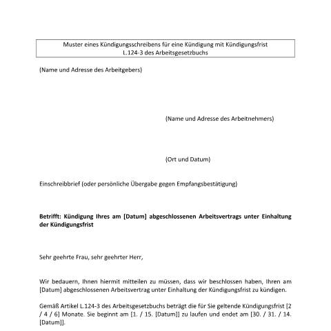 Aperçu du document de Muster eines Kündigungsschreibens für eine Kündigung mit Kündigungsfrist — Licenciement resiliation, Luxembourg (CERFA n°017)