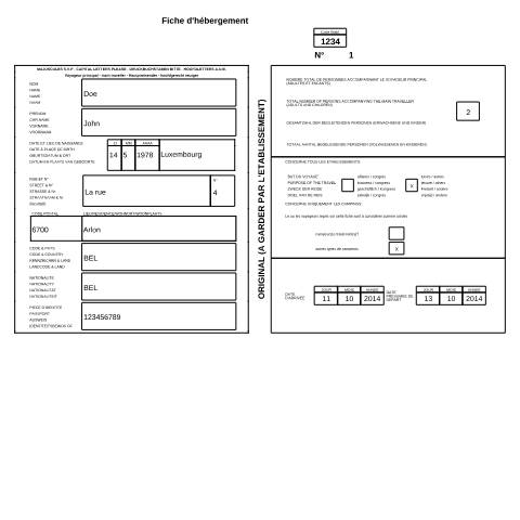 Aperçu du document Modèle de fiche d'hébergement Modell eines Meldescheins für Beherbergungsstätten — Horeca, Luxembourg (CERFA n°modele-fiches-hebergement_FR-EN-DE-NL)