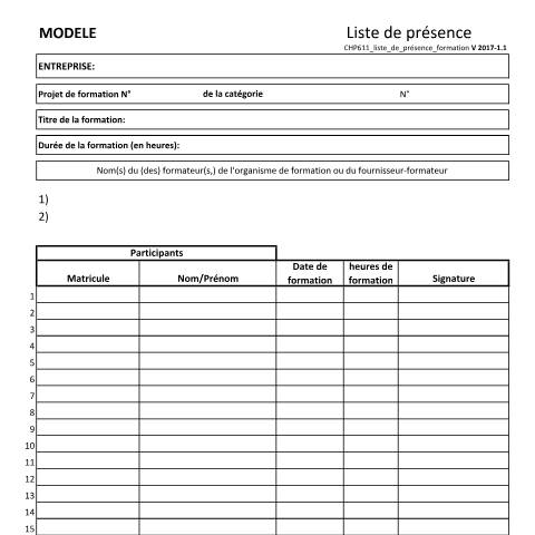 Aperçu du document Chômage partiel - modèle de liste de présence lors de formations — Chomage, Luxembourg (CERFA n°CHP611-liste-de-presence-formation)