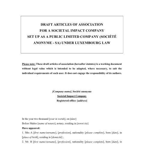 Aperçu du document en Draft articles of association SA SIS — Rcs, Luxembourg (CERFA n°statuts-types-sa-sis)
