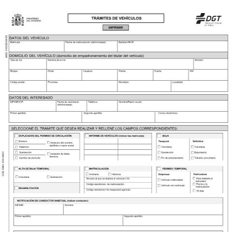 Vista previa del documento Modelo 01 — Impreso general para trámites de vehículos (matriculación, baja, duplicados, etc.) — Dirección General de Tráfico (DGT) — Modelos de solicitud, España (CERFA n°01)