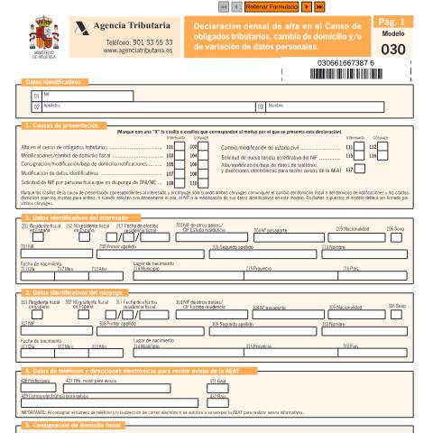 Vista previa del documento Modelo 030 — Declaración censal de alta en el Censo de obligados tributarios, cambio de domicilio y/o variación de datos personales — AEAT — Modelos descargables, España (CERFA n°030)