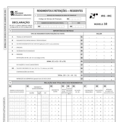 Pré-visualização do documento Modelo 10 - Rendimentos e Retenções - Residentes — IRS / IRC, Portugal (CERFA n°Modelo 10)
