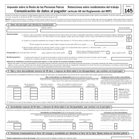 Vista previa del documento Modelo 145 — Comunicación de datos al pagador (IRPF, retenciones sobre rendimientos del trabajo) — AEAT — Modelos descargables, España (CERFA n°145)