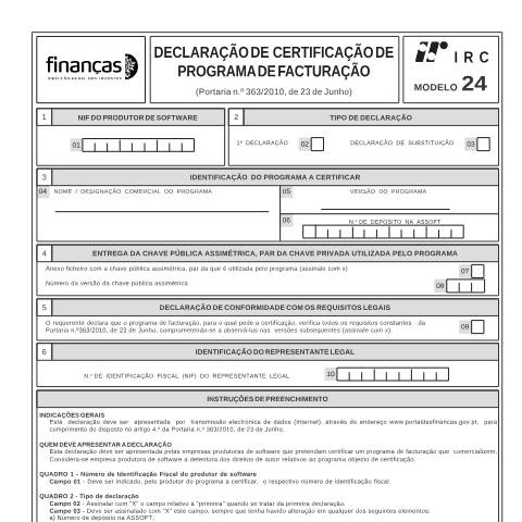Pré-visualização do documento Modelo 24 - Declaração de Certificação de Programa de Facturação — IRS / IRC, Portugal (CERFA n°Modelo 24)