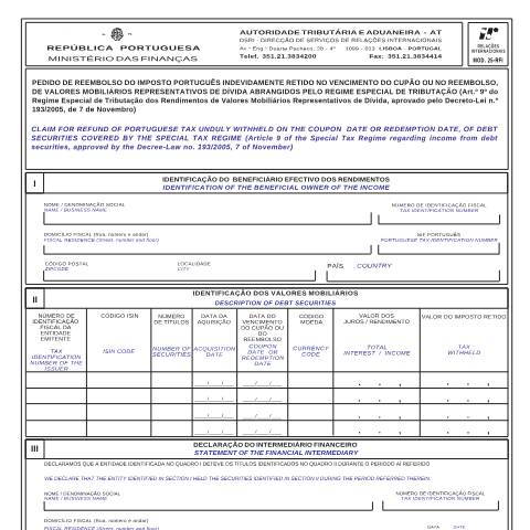 Pré-visualização do documento Mod. 25-RFI - Pedido de reembolso do imposto português indevidamente retido — Regime Especial Tributacao da Divida, Portugal (CERFA n°Modelo 25-RFI)