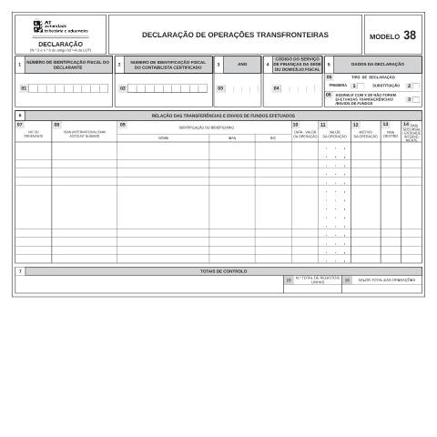 Pré-visualização do documento Modelo 38 - Declaração de Transferências Transfronteiras — IRS / IRC, Portugal (CERFA n°Modelo 38)